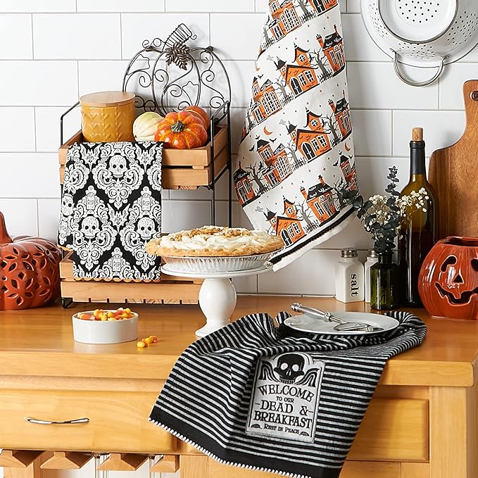 DII Happy Halloween Dishtowel Collection Embellished Cotton Kitchen Hand Towel Set, 18x28, Skull Damask/Haunted House, 3 Count