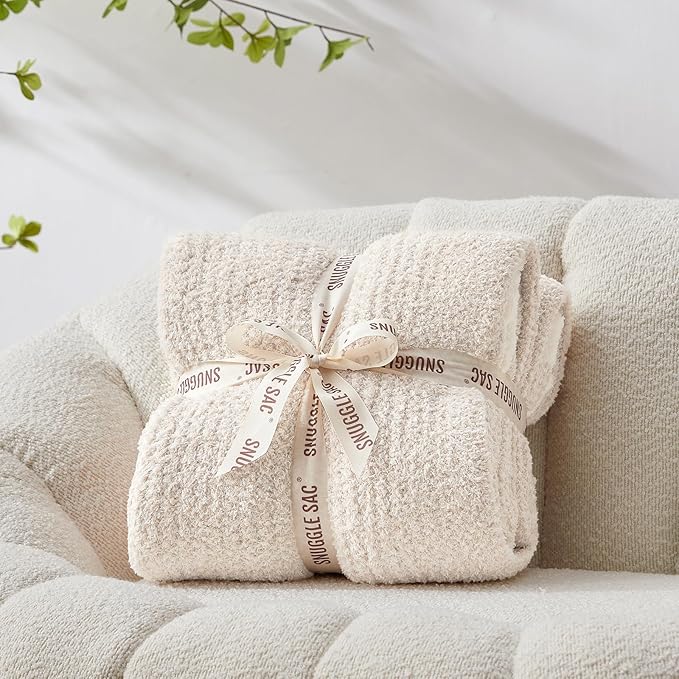 Snuggle Sac Buttery Ivory Bedding Blankets Twin Size 60x80, Super Soft Blankets Warm Cozy Knit Fuzzy Plush Blanket for Sofa, Bed, Living Room, Heather Ivory, 60x80 inches