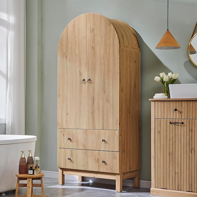 71" Tall Arched Bathroom Storage Cabinet, Modern Fluted Cabinet Storage with 4 Shlves and 2 Drawers, Floor Cabinet for Bathroom, Living Room, Kitchen, Natural