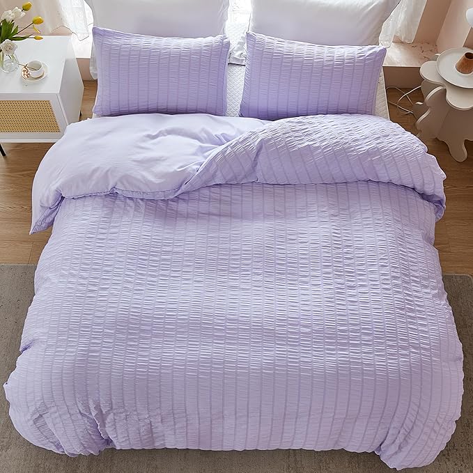 AveLom Lavender Purple Seersucker Duvet Cover Set King (104 x 90 inches), 3 Pieces (1 Duvet Cover + 2 Pillow Cases), Ultra Soft Washed Microfiber, Textured Duvet Cover with Zipper Closure, Corner Ties
