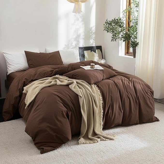 FOSSA Duvet Cover Set 100% Washed Cotton Linen Feel Super Soft Breathable Cozy 3 Pieces Bedding Sets Solid Cocoa Brown California King