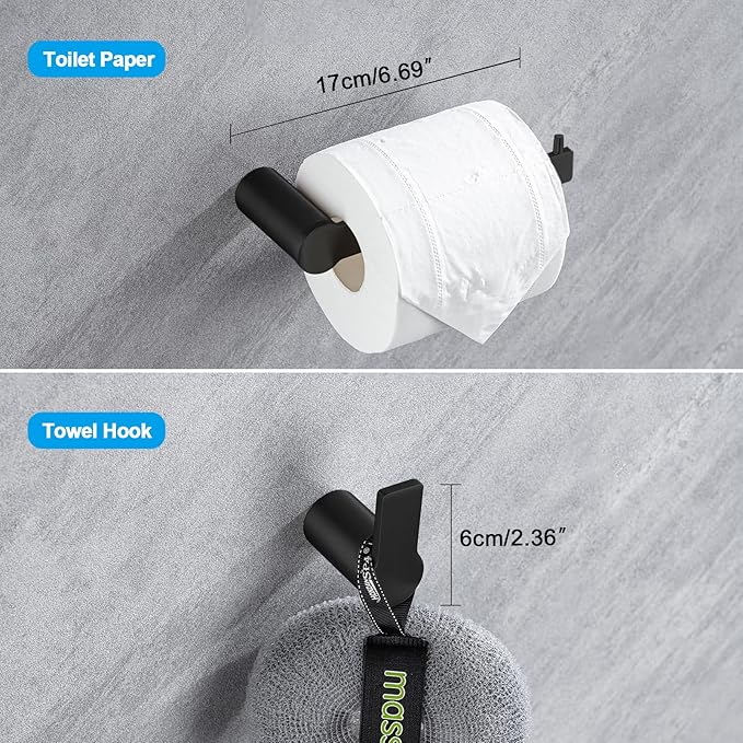 4-Pieces Bathroom Accessories Set, Matte Black Towel Bar Set Modern Stainless Steel Towel Rack Towel Hooks Toilet Paper Holder for Bathroom Wall Mounted, 16 Inch