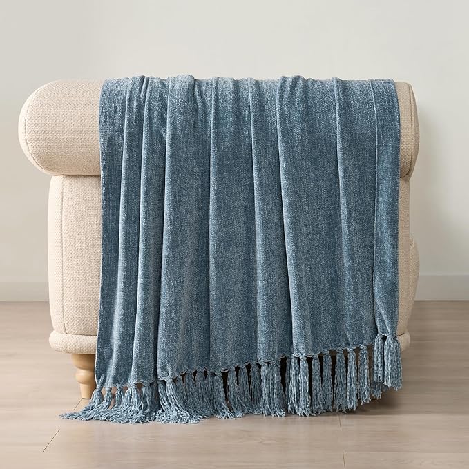 EVERGRACE Soft Chenille Throw Blanket for Couch, Cozy Plush Fuzzy Decorative Chenille Knit Throw Blanket with Tassels, Lightweight Blanket and Throws for Bed Sofa Gift Home Decor, Cloud Blue 50"x60"