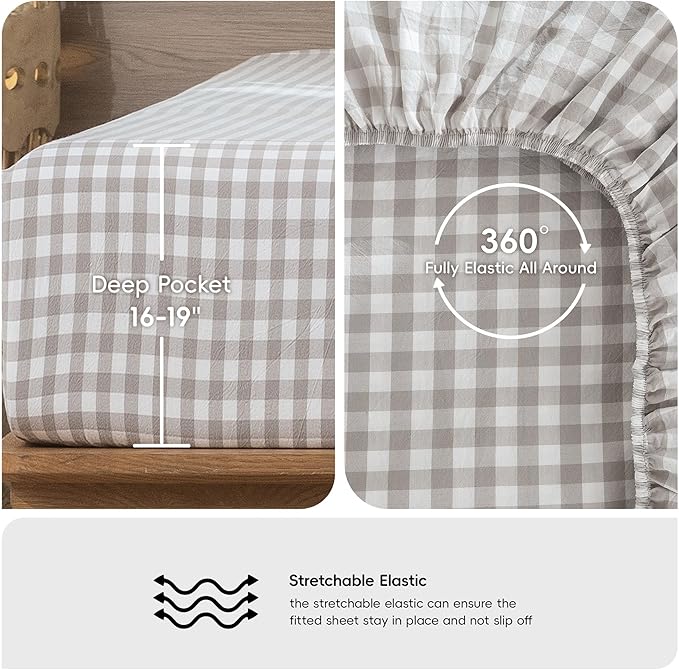 MooMee Gingham Sheet Set 100% Washed Cotton Linen Like Textured Breathable Soft w/Fully Elasticized 16-19" Deep Pocket (Classic Gingham Tannish Linen Grey, King)