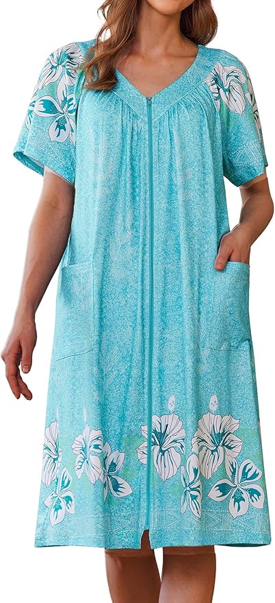Ekouaer Women Robe Zipper Front Mumu Duster Robes Zip Up Housecoat Soft Sleepwear with Pockets S-3XL