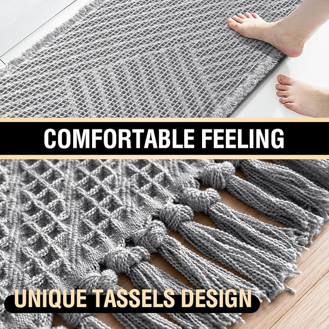 H.VERSAILTEX Waffle Bath Mat Super Absorbent Boho Bath Mat Non Slip Bath Rugs for Bathroom Floor Machine Washable Dry Fast Bathroom Rugs with Tassels, 20" x 32", Dove
