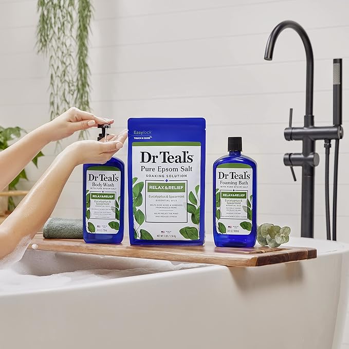 Dr Teal's Foaming Bath with Pure Epsom Salt, Relax & Relief with Eucalyptus & Spearmint, 34 fl oz (Pack of 4)