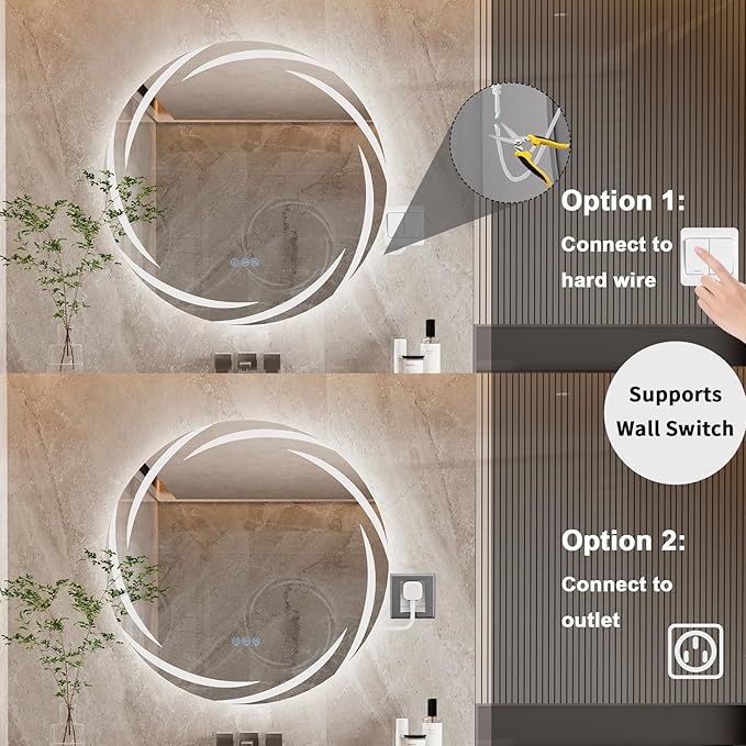 LUVODI Round LED Bathroom Mirror: 32” Circle Wall Mounted Large Lighted Makeup Mirror with 3 Color Bright Backlit - Smart Anti Fog Dimmable Vanity Mirror with Touch Switch for Restroom Toilet Hallway