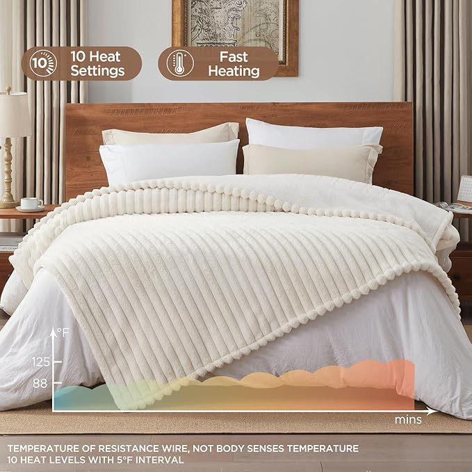 Westinghouse Electric Blanket Full Size, Super Cozy Luxury Faux Fur & Sherpa Heated Blanket with 10 Heating Levels & 1-12 Hours Auto Off, Fast Heating Blanket, Machine Washable, 80x 84 Inch, Beige