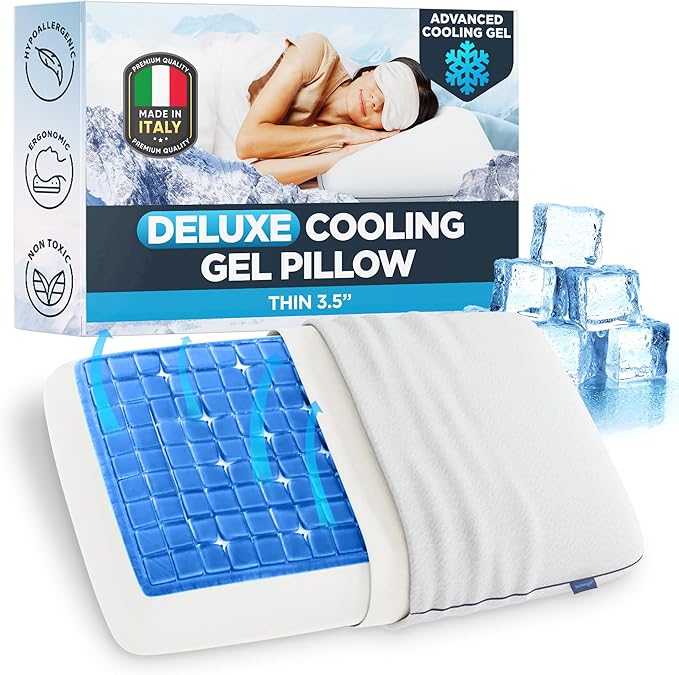 Technogel Deluxe Cooling Gel Pillow - Patented Cooling Technology, Odorless Memory Foam – Breatable Ergonomic Support for Stomach Sleepers with Washable Cover, 3.5" (Thin)