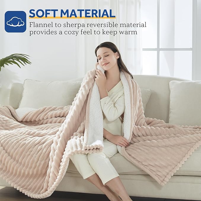 Sealy Electric Blanket Twin Size, Soft Ribbed Flannel to Sherpa Reversible Heated Blanket with 10 Heat Settings & 1 to 12 Hours Auto-Off Overheat Protection Machine Washable, 62"x84" Beige