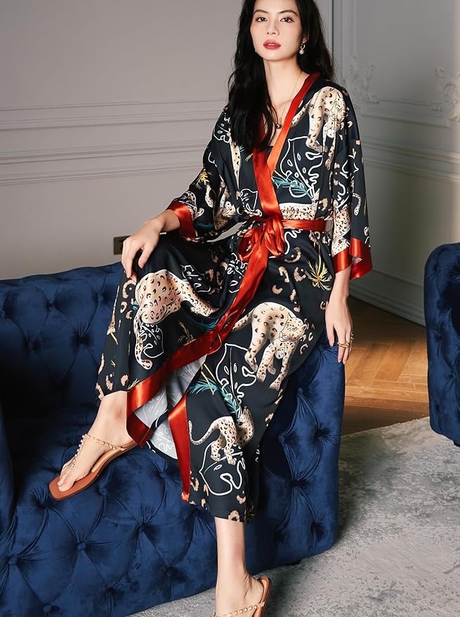 Silk Satin Robe for Women Long Japanese Kimono Robe Lightweight Soft Bathrobe Floral Luxury Dressing Gown