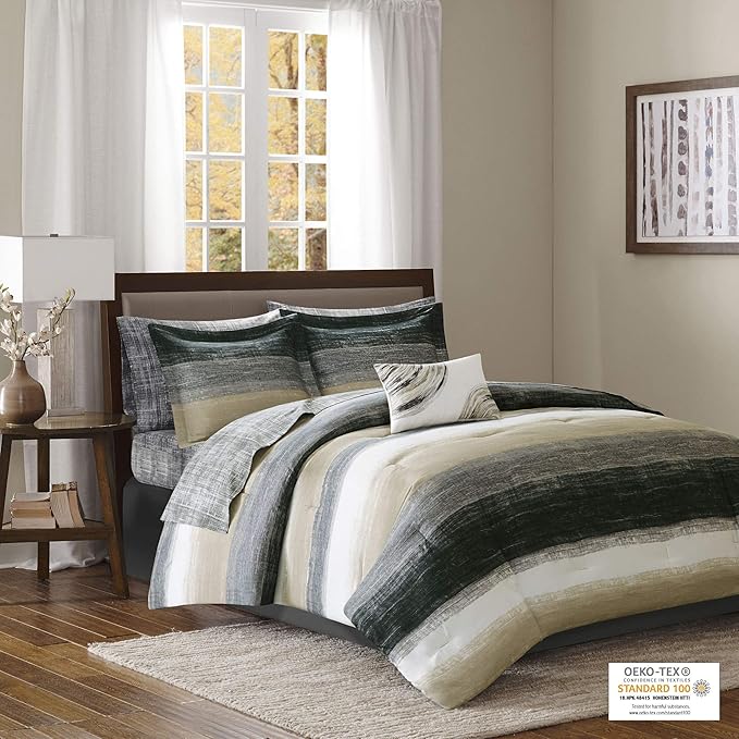 Madison Park Essentials Cal King Comforter Set, Bed in a Bag, Watercolor Print Coastal Comforter & Chambray Cotton Sheet Set, All Season Bedding Set, Saben, Taupe Cal-King (104 in x 92 in) 9 Piece