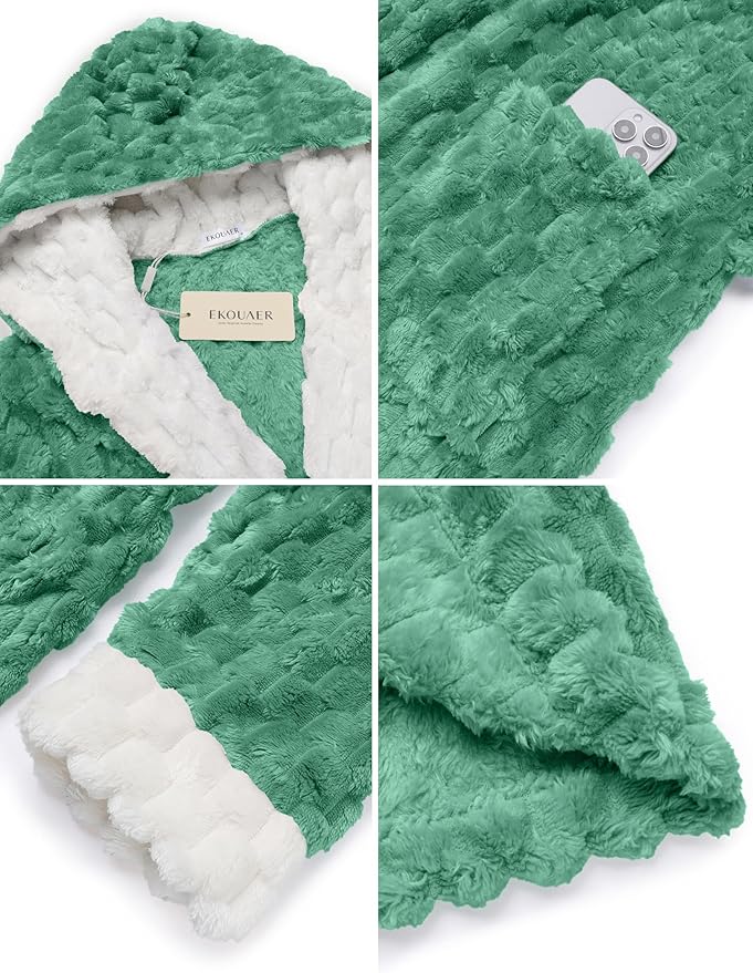 Ekouaer Womens Plush Robes Long Soft Jacquard Fluffy Bathrobe Hooded Robe Sleepwear with Pockets