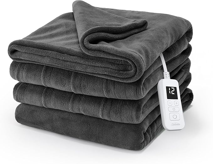 Sunbeam Electric Royal Luxe Microplush Heated Blanket, 12 Heat Settings, 12-Hour Auto Shut-Off, Fast Heating, Warm & Cozy, Machine Washable, Night Fog Color, Full (84" x 72")