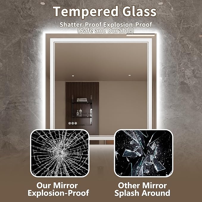 Bathroom Mirror with Lights 36"X36" with Front Light and Backlit, Tempered Glass, Wall Mount Horizontal/Vertical, Stepless Dimmable, 3 Colors, Anti Fog, Bathroom Memory LED Mirror