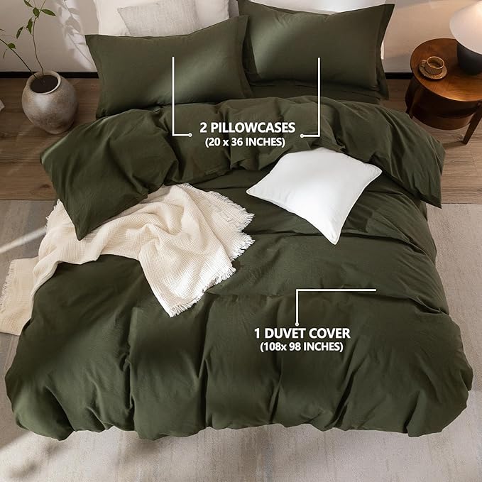 Linen Feel Duvet Cover Super King Size 108inch x 98inch,100% Washed Cotton Duvet Cover with Zipper Closure and 2 Pillowcases, Color of Olive Green