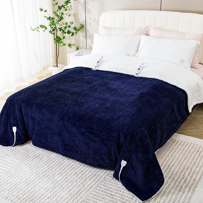 Heated Blanket King Size - 100"x90" Cozy Soft Jacquard Heating Blanket with 4 Heat Levels & 10 Hours Auto-Off, Jacquard Fleece, Overheating Protection, Warm Gifts, Navy