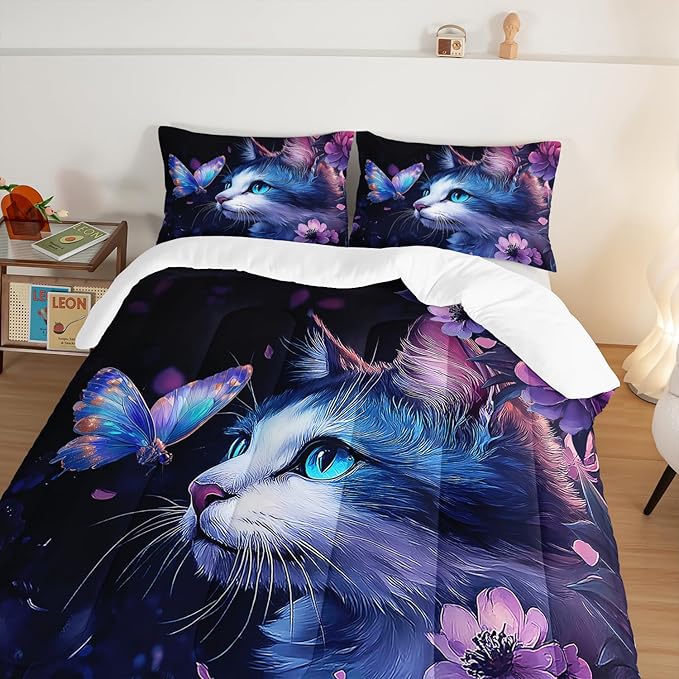 Kids Cat Comforter Set King Size,Fantasy Cats Butterfly Flowers Bedding Set for Kids Girls Kawaii Room Decor,Cute Little Animal Themed Toddler Bedding Set with 2 Pillowcases.