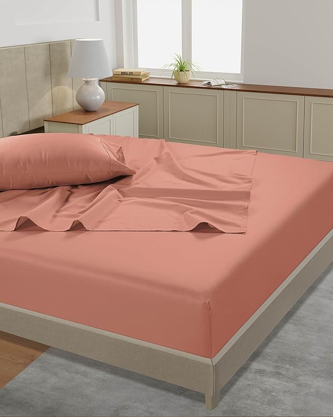 LANE LINEN Queen Size Bed Sheets Set – 450 Thread Count 100% Natural Cotton Cooling Sheets, Hotel Luxury Soft Sateen Finish, Snug Fit 15" Deep Pocket Elasticized Fitted Sheet – Rose Dawn