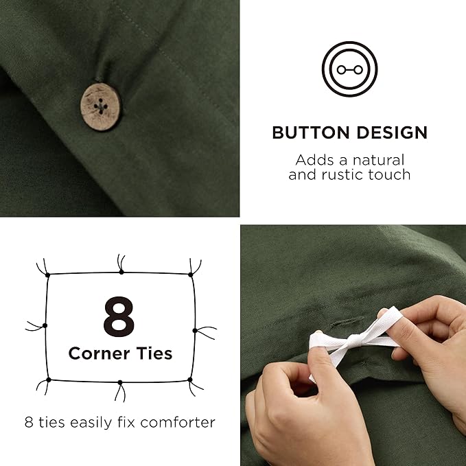 Bedsure Linen Duvet Cover Queen - Linen Cotton Blend Bedding Set, Soft & Cozy, 3 Pieces, 1 Duvet Cover 90x90 Inches and 2 Pillowcases, Olive Green Color Cooling Bedding, Comforter Sold Separately