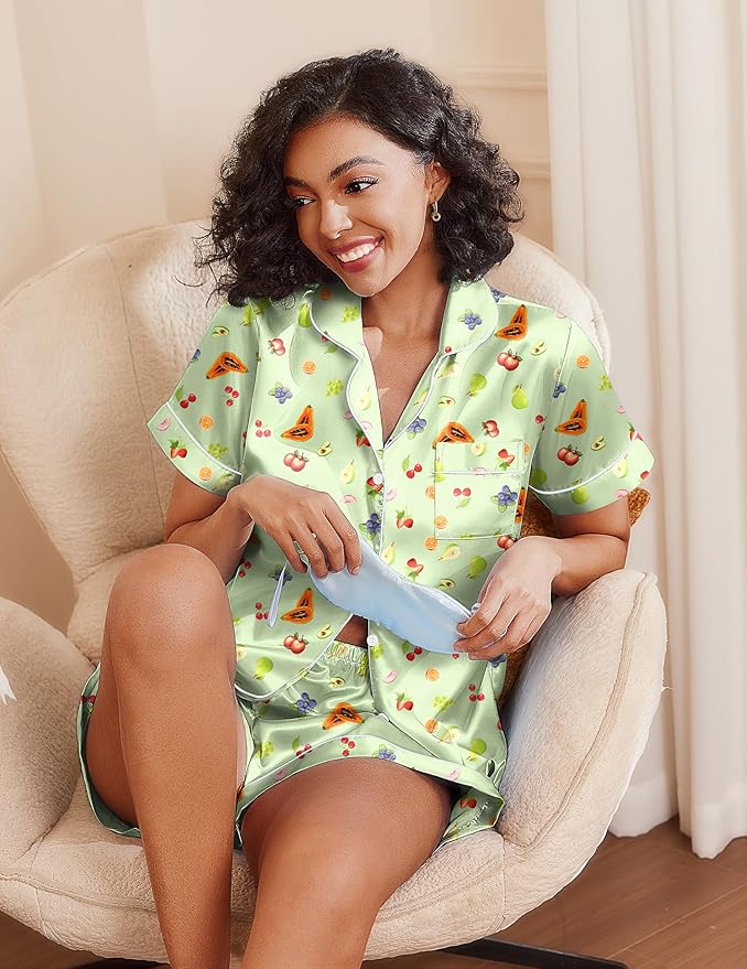 Ekouaer Pajamas for Women Set Silk Satin Pjs Shorts Sleepwear 2 Piece Loungewear S-XXL