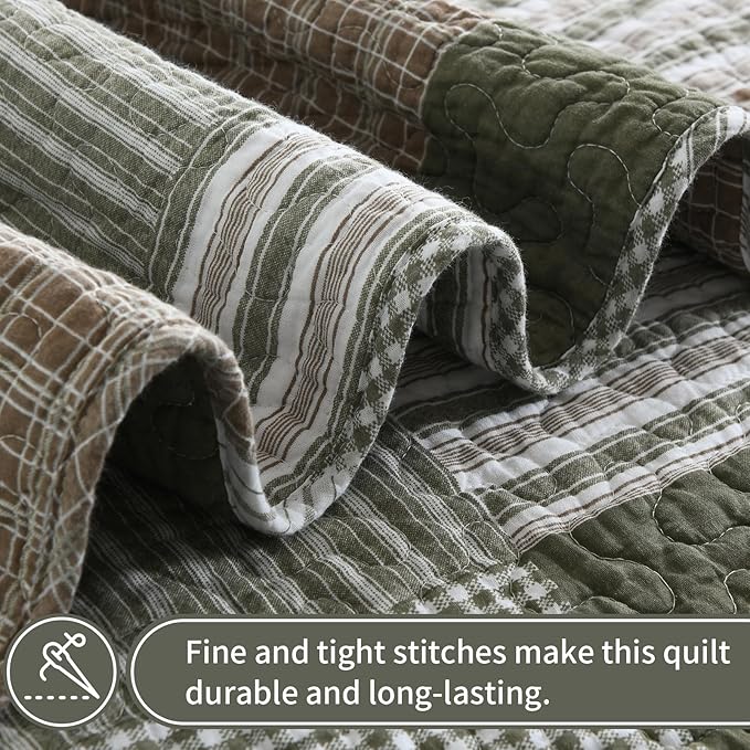 KALOOLA Moonbeam Green Plaid Queen Size Quilt Set - 100% Cotton Lightweight Breathable Quilted Bedspread, All-Season Queen Quilt Bedding Set 3 Pieces, Farmhouse Printed Coverlet for Cozy Comfort