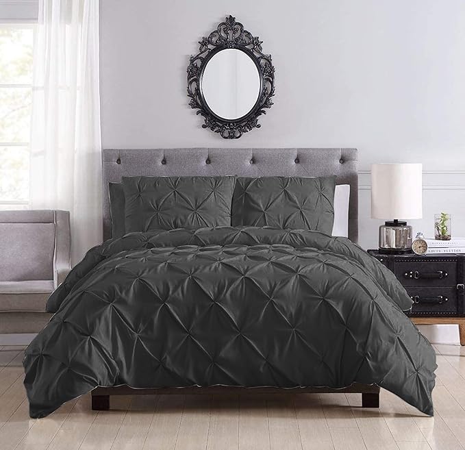 Pinch Pleated Duvet Cover Set 100% Brushed Microfiber 3PC Alaska King Size 120x132 Duvet Cover Set, Decorative Pinch Design Dark Grey Duvet Cover with Matching Pillow Case