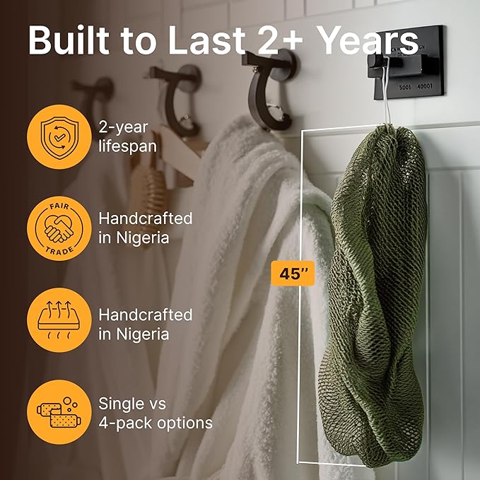 Nubiana African Net Sponge Authentic - 45 Inch Exfoliating Body Sponge from Nigeria - Natural Bath Sponge for Smooth Soft Skin - Long Lasting Quick-Drying - Single Pack (Olive Green)