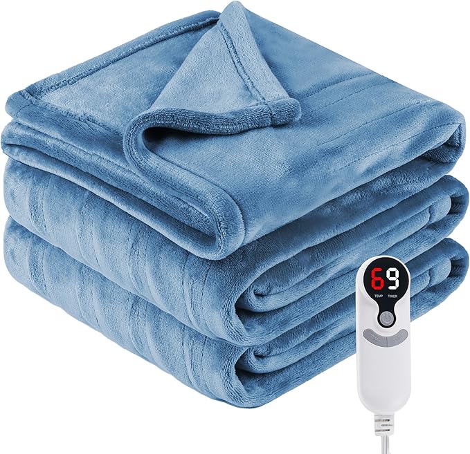Electric Heated Blanket Full Size 72"x 84", Super Cozy Soft with 6 Heat Levels & 10 Hours Auto of, Quick Heating for Bedroom Living Room Machine Washable, Light Blue Grey