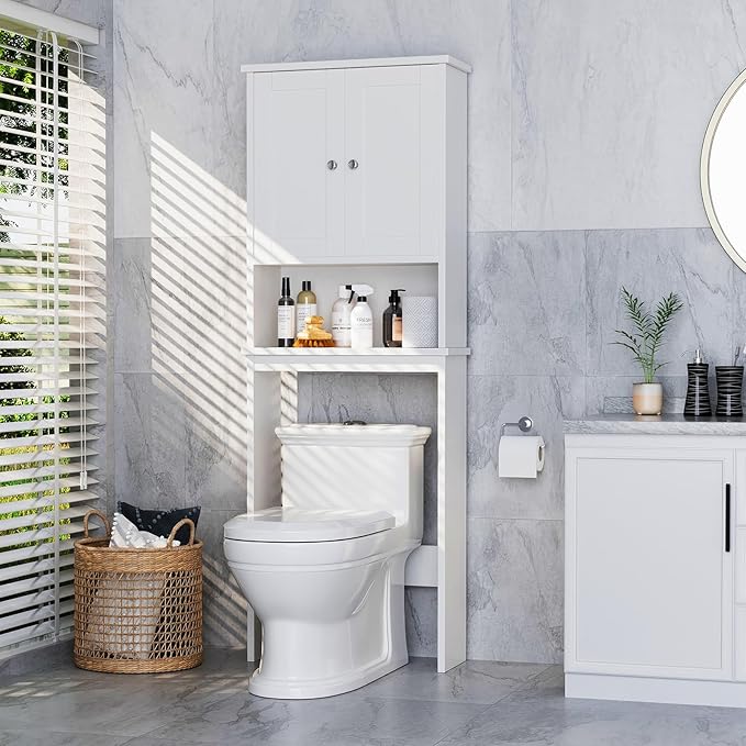 Meilocar Over The Toilet Storage Cabinet, Bathroom Storage Organizer Over Toilet, Space Saver W/Adjustable Shelf & Open Shelf, White