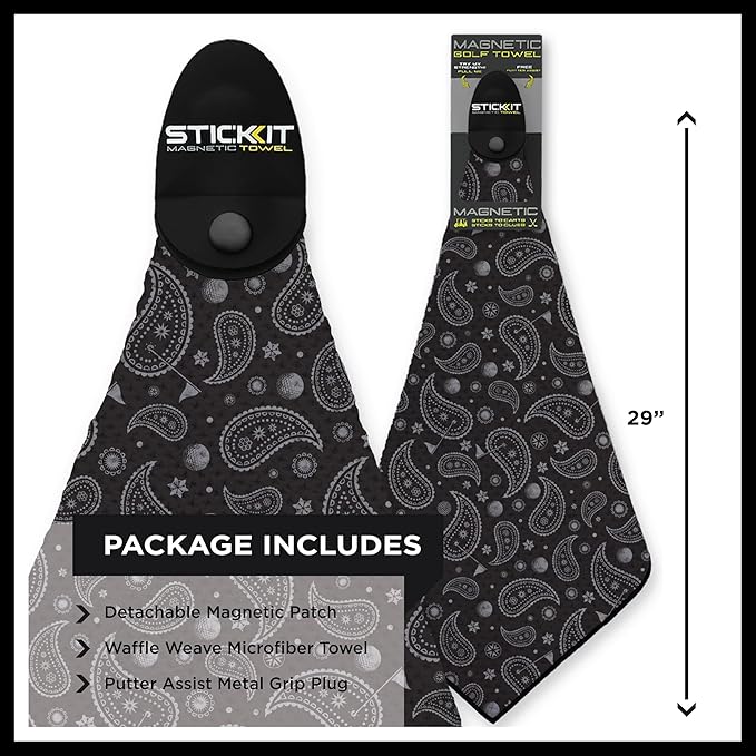 STICKIT Magnetic Golf Towel, Black Paisley | Top-Tier Microfiber Golf Towel with Deep Waffle Pockets | Industrial Strength Magnet for Strong Hold to Golf Carts or Clubs
