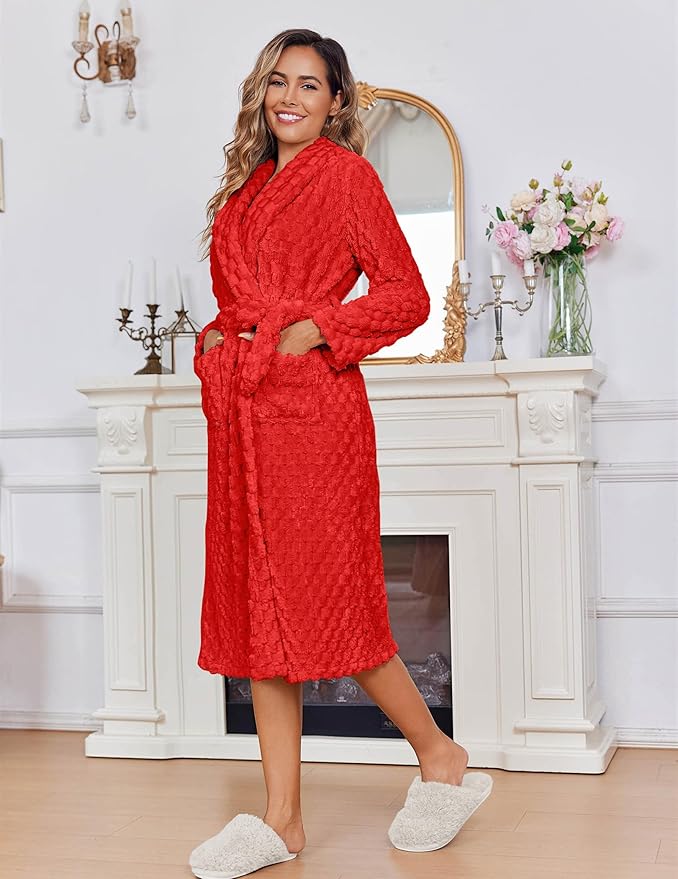 Ekouaer Women's Robe Long Plush Soft Bathrobe Jacquard Color Block Robes Shawl Collar Sleepwear with Pockets S-XXL