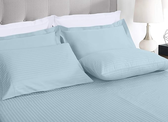 Threadmill 100% Cotton Sheets for Queen Size Bed - 600 Thread Count Queen Bed Sheets Set with 16” Deep Pocket - Damask Stripe Sateen Weave 4-Piece Bedding Set with Cooling Effect, Blue