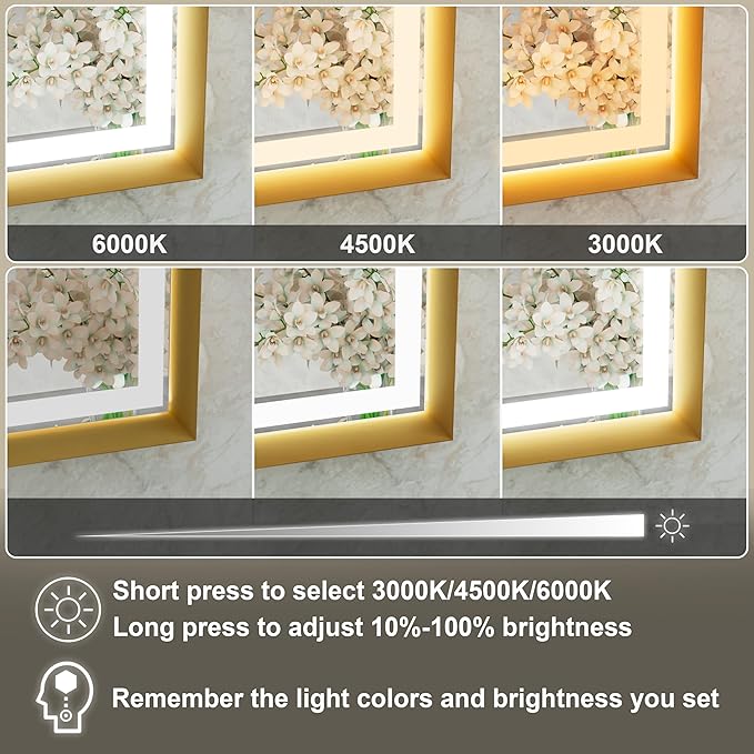 30x30 Inch Gold LED Bathroom Mirror, 3 Color Temperatures (3000K/4500K/6000K), Anti-Fog, Dimmable Lights, Memory Function, Horizontal/Vertical Wall Mounted