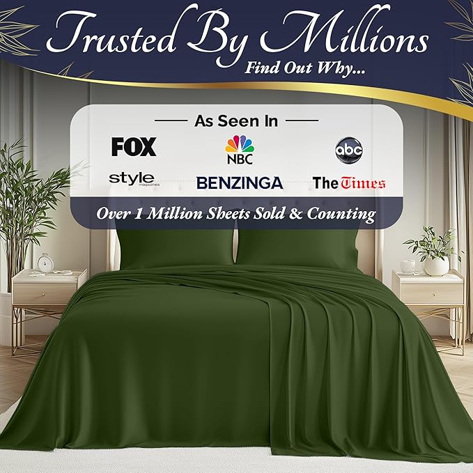 DECOLURE 100% Viscose Derived from Bamboo Sheets Twin Size 3pcs - Ultra Soft & Luxuriously Cooling, 17" Deep Pocket, Double Stitching, Perfect for Hot Sleepers - Twin Bed Sheets (Olive)