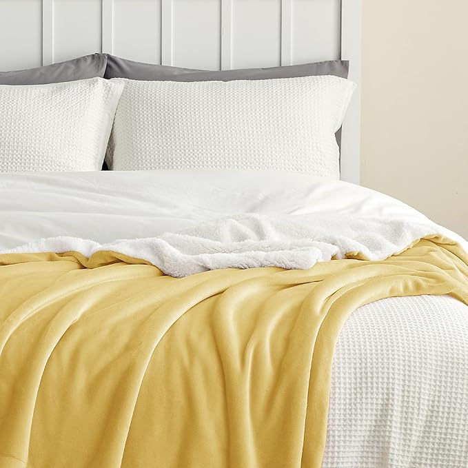 Bedsure GentleSoft Sherpa Fleece Blankets Queen Size for Bed - Thick and Warm Throw for Women and Men, Soft Fuzzy Plush Queen Blanket for Winter, Yellow, 90x90 Inches