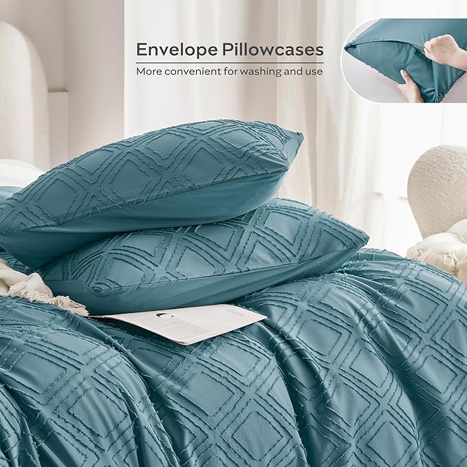 JELLYMONI Duvet Cover King Size Grayish Blue - 3PCS Boho Duvet Cover Set Plaid Polyester Tufted Bohemian Jacquard Knit Textured Comforter Cover 104×90in Rhombic Geometric Pattern Zipper Corner Tie