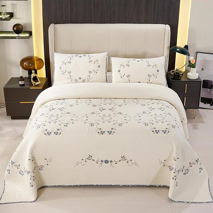 Quilt Set Blue Floral 3D Embroidery Pattern 2 PCS 100% Cotton Reversible Quilted Embroidered Decorative Bedspreads Coverlet Set, Lightweight &Soft Twin Size White Bedding Coverlet for All Season
