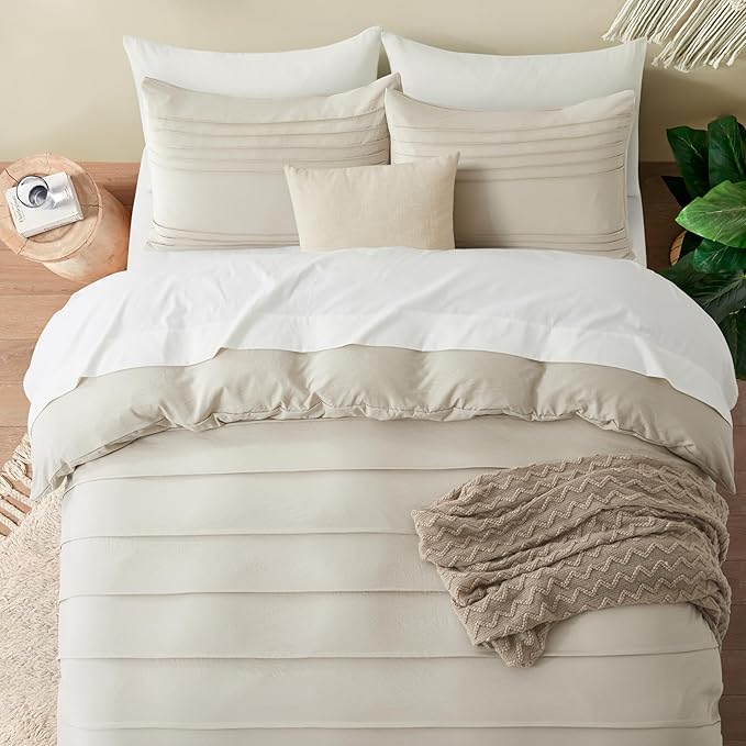 Oli Anderson Linen Grey Duvet Cover Queen Size - Pleated Queen Duvet Cover, 3PCS Soft and Breathable Textured Bedding Set with Zipper Closure(Linen,90"x90")