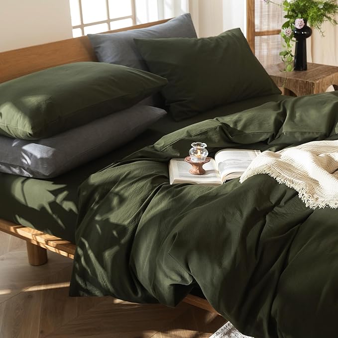 MooMee Bedding Duvet Cover Set 100% Washed Cotton Linen Like Textured Breathable Durable Soft Comfy (Solid Olive Green, Oversized Queen 98"x98")