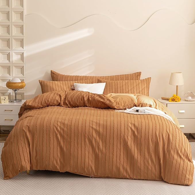 JELLYMONI Duvet Cover Full Size Rust - 3PCS Boho Striped Duvet Cover Set Polyester Tufted Bohemian Textured Comforter Cover 80×90in with Corner Ties & Zipper and 2 Pillowcases