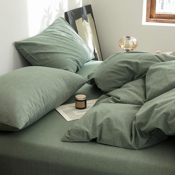 FOSSA Duvet Cover Set 100% Washed Cotton Linen Feel Super Soft Breathable Cozy Simple Style 3 Pieces Bedding Sets Solid Heathered Green Oversized King