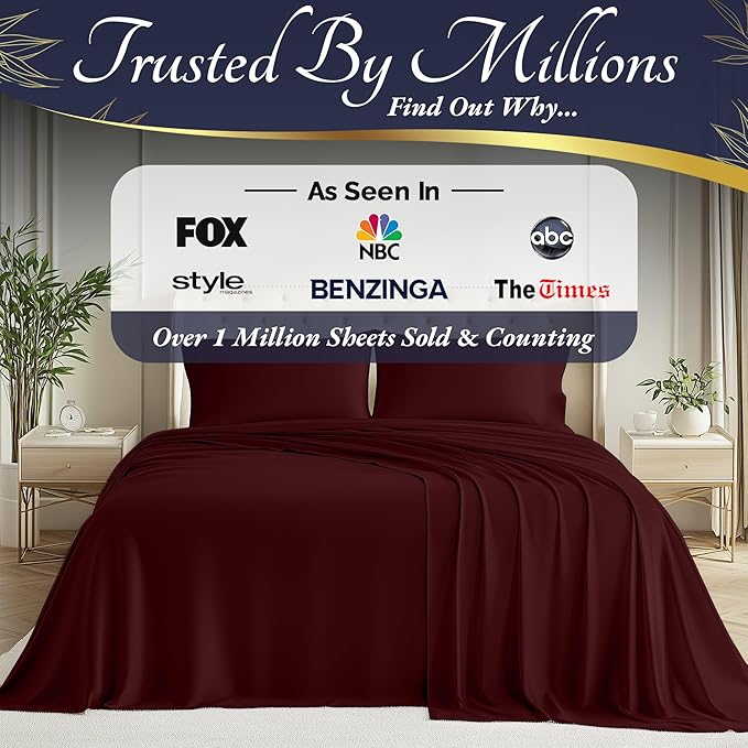 DECOLURE 100% Viscose Derived from Bamboo Sheets King Size 4pcs - Ultra Soft & Luxuriously Cooling, 17" Deep Pocket, Double Stitching, Perfect for Hot Sleepers - King Bed Sheets (Burgundy)
