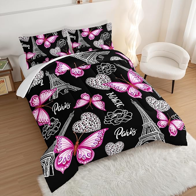 Pink Butterfly Comforter Queen Bedding Sets for Girls, Eiffel Tower Leopard Heart Pattern Bedding Sets with 2 Pillowcases,Aesthetic Bedding for Women Girls Bedroom Paris Decor.