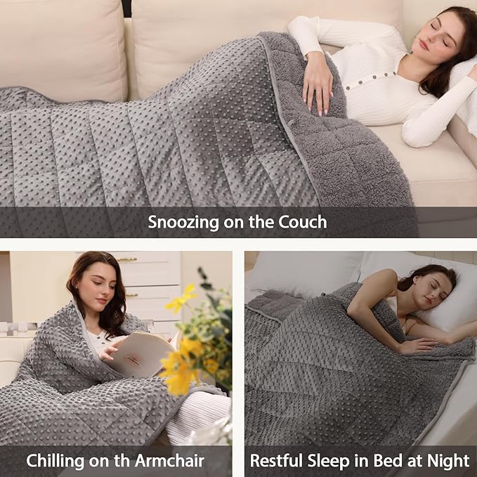 Minky Dot Weighted Blanket for Adults Queen Size 15 lbs, Soft Cozy Heavy Blanket for Stress Relief and Sleep Promotion, Warm Blanket for Autumn Winter with Glass Beads, Grey 60 x 80 inches