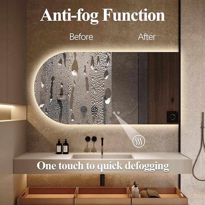 Arched LED Bathroom Mirror, 55"x28" Arch Framless Backlit Mirror with Lights Anti-Fog Dimmable Smart Frameless 3-Color Lighted Vanity Mirror Memory Waterproof, UL Listed, Horizontal-Right