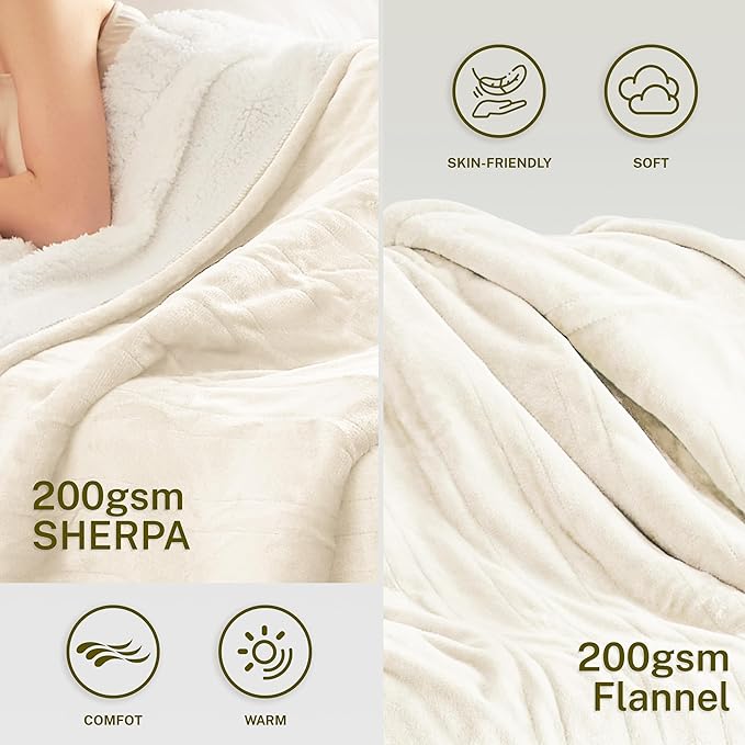 Heat Blanket 50”x60” Throw,Soft Flannel & Sherpa Reversible Electric Blanket with 10 Heat Settings,12 Timer Setting and 3 Hours Auto-Shut Off,ETL Certified Machine Washable,Ivory