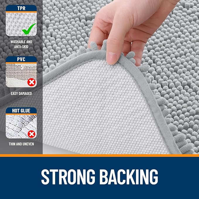OLANLY Bathroom Rugs 24x16, Extra Soft Absorbent Chenille Bath Rugs, Rubber Backing Quick Dry, Machine Washable Bath Mats for Bathroom Floor, Tub and Shower, Home Decor Accessories, Light Grey