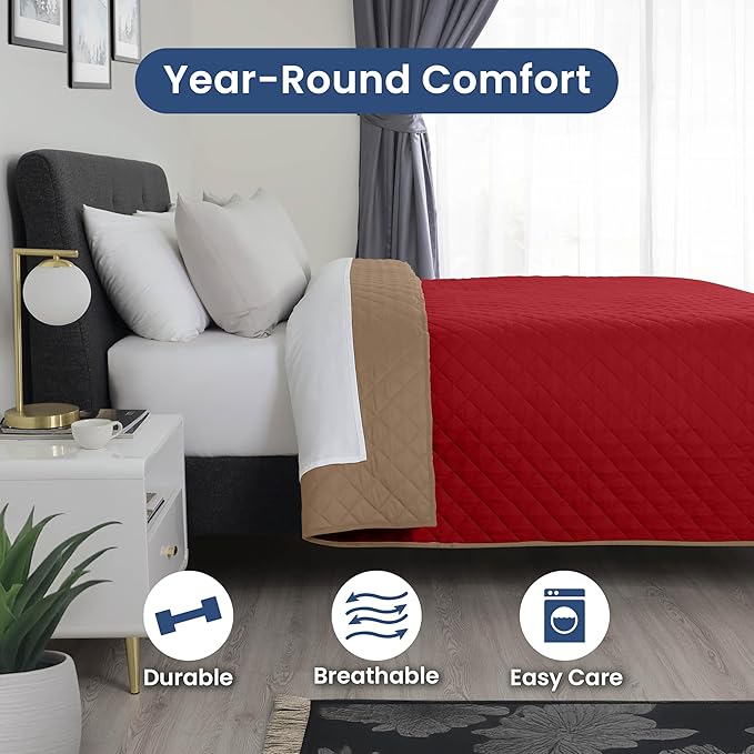 Martex Reversible Coverlet – Twin Bed Quilt – Lightweight Twin Size Bedding – Durable Quilts for Bed – Soft - Easy Care Bedding – Khaki/Red